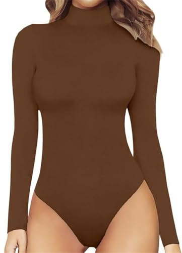 RUISHH Body a Collo Alto da Donna a Maniche Lunghe Corpetti Eleganti Tanga Top con Bottoni Elasticizzato Tuta Jumpsuits Marrone M