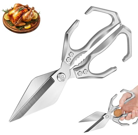 Multifunctional Heavy Duty Kitchen Shears 2 in 1 Scissors Tool with Walnut Cracker All Purpose Ergonomic Handle Stainless Steel Heavy-Duty Cooking Shears for Food Poultry Meat Fish Cutting (Silver)