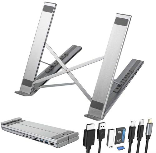 Soporte de estación de acoplamiento para portátil de aleación de aluminio 8 en 1, soporte elevador de enfriamiento ajustable para tabletas portátiles con ranuras para tarjetas SD/TF, transmisión USB-C