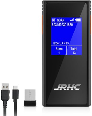 JRHC Barcode Scanner Wireless, 1D 2D Mini Bar Code Scanner with 1.77 Inch Display Screen, Rechargeable Portable Handhold Barcode Reader with 2.4G Wireless Receiver Plug and Play