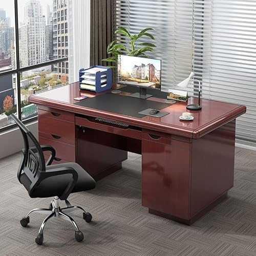 Scrivania per computer in legno con cassetti con chiusura ammortizzata, vassoio per tastiera e vano laterale da 140 cm, tavolo da studio per casa e ufficio, per spazi di lavoro moderni, finitura
