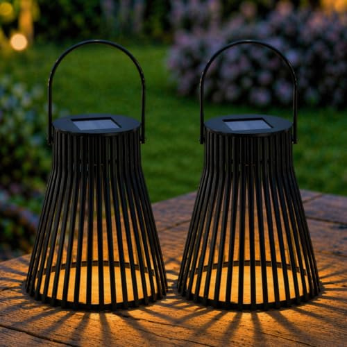 Festive Lights - Pack of 2 Solar Powered Black Slatted Garden Lanterns – 14cm Outdoor Lighting, Warm White Static LED, Hanging or Tabletop Patio & Decking Decoration, IP44 Waterproof