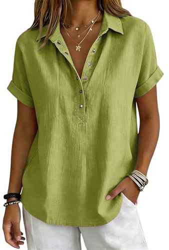 2026 Camisa Mujer de Lino Manga Corta Cuello en V Botones Camiseta Blusa Polo Ligero Verano Moda Casual Color Sólido Cómoda Suelto Oficina Tops Elegante Fiesta Basic tee Transpirable