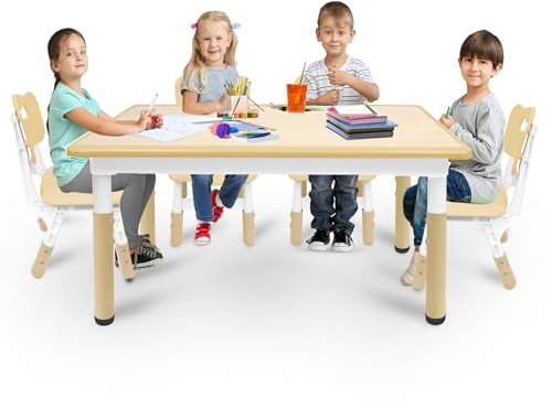 Yunvin Kids Table and 4 Chairs Set Seating Group Children furniture Height Adjustable Plastic Toddler Activity Table Drawing Desk for Eating Crafting Playing 100kg Capacity, Beige