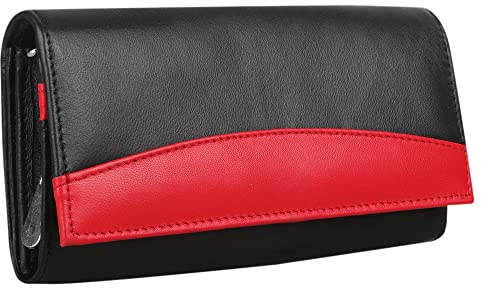 STARHIDE Ladies Purse, RFID Protected Women's Wallet, Genuine Soft Real Leather Card Holder, Id Pocket Long Flap Over Purse, Antitheft Security Wallet 370 Black Red