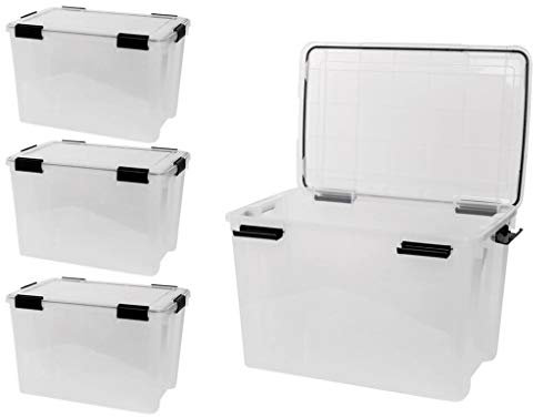 Kreher 4 Stück XL Lagerbox aus transparentem Kunststoff mit Dichtungsring im Deckel für Nässe, Staub und Schmutz. Maße ca. 39 x 59 x 38 cm. 70 Liter Volumen. TOP QUALITÄT!