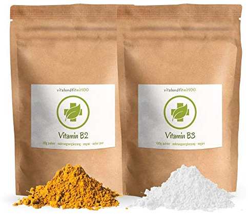 SET-ANGEBOT - Vitamin B2 (Riboflavin) Pulver 30 g + Vitamin B3 (Nicotinamid) Pulver 100 g - 100% vegan - absolut rein ohne Rückstände - laktosefrei - OHNE Hilfs- u. Zusatzstoffe