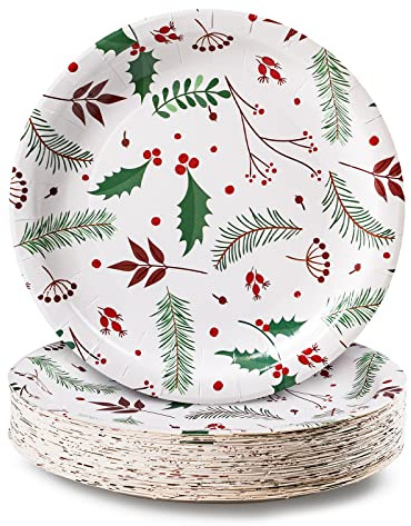 Party Paper Plates, 50-Pack Disposable Paper Plates Christmas Party Supplies, Christmas Holly Design, 22.86 Centimetres Dinner Plates
