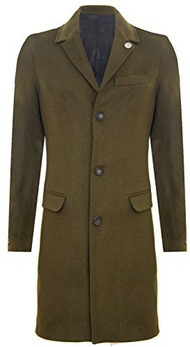 Tru Clothing Mens 3/4 Long Wool Olive Crombie Overcoat Jacket Blinders Trench Slim Fit Coat 36