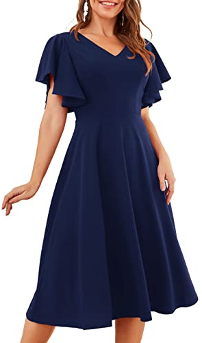 Women's Casual Tea Dresses Flowy Flared Church Dress, Modest Fit and Flare Bridesmaid Midi Dress for Party/Wedding/Dance Navy L