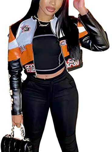VOIKERDR Leather Jacket Women Zipper Moto Biker Short Bomber Faux