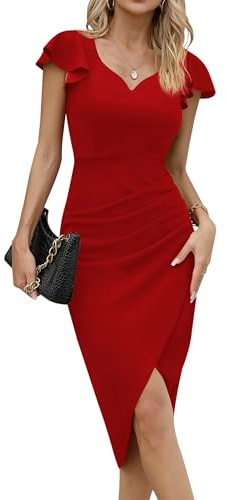 Missufe - Vestido de cóctel para mujer, vestido cruzado, vestido de fiesta, vestido midi, vestido de verano, elegante, estilo bodycon, vintage, vestido con volantes, rojo, L