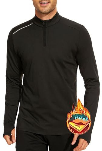 AMZSPORT Maglia Termica a Maniche Lunghe da Uomo con Mezza Zip e Collo Alto, Felpata e Calda per Corsa Escursionismo Palestra Casual, Nero, XL