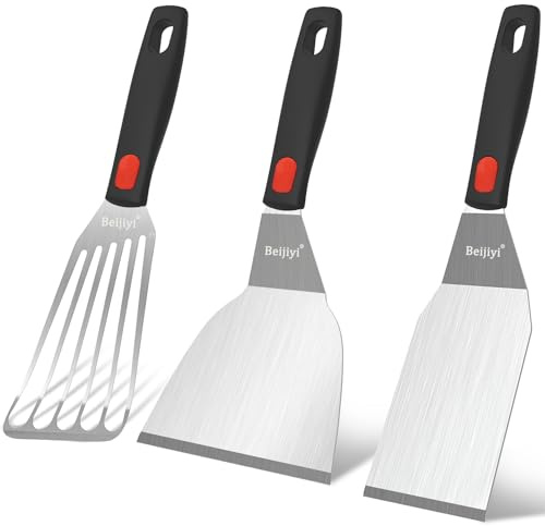Beijiyi 3-Piece Metal Spatula for Cast Iron Skillet, Sturdy Stainless Steel