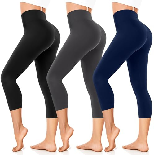 FuelMeFoot 3/4 Leggins Capri Vita Alta Donna, Sportivi Vita Alta Anticellulite Pantaloni, per Sport, Fitness,Pilates,Yoga, Allenamento, Corsae, Palestra.B2-Nero/Grigio Scuro/Navy S/M