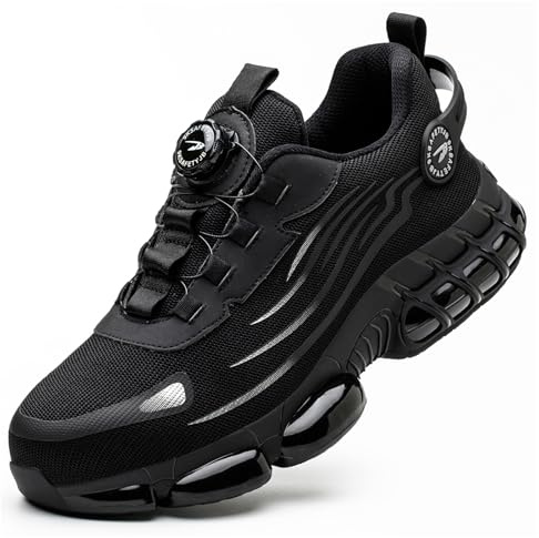 SDEQA Safety Shoes Mens Steel Toe Cap Trainers Womens Lightweight Breathable Shock-Absorbing with Rotary Button Safety Sneakers for Work Construction Industrial,Black,9 UK