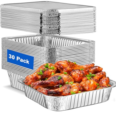 LOLYSIC 30Pcs Foil Trays with Lids, 32x26x6cm Large Aluminium Foil Trays, 3500ml Disposable Tin Foil Containers for Baking, Roasting, Broiling, Cooking, BBQ, Catering, Takeaway Food Storage