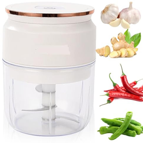 Zwiebel Zerkleinerer Elektrisch, 300ml Klein Gemüseschneider Elektrisch mit USB-Ladekabel, Multizerkleinerer Fleischwolf, Aufladbar Gemüsezerkleinerer für Fleisch Zwiebeln Knoblauch(Weiß)