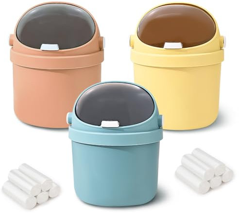 MOAMUN 3 Mini Pattumiera da Tavolo con 200 Sacchetti Spazzatura, 21x14cm Durevole Carino Pattumiera Piccolo Cestino con Coperchio, Cestino da Tavolo per Casa Ufficio Cucina Camera da Letto Bagno