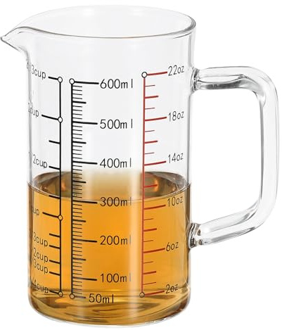 PATIKIL Taza medidora de vidrio con asa, vaso medidor de líquido de vidrio de 600 ml con boquilla en forma de V y básculas para cocina, restaurante, transparente