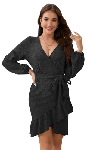 RPAEOY Vestido Mujer Glitter Manga Larga Cuello en V de Volante Dobladillo Bodycon Elegante Moda Vestidos con cinturón Noche para Coctel Fiesta (Negro/M)