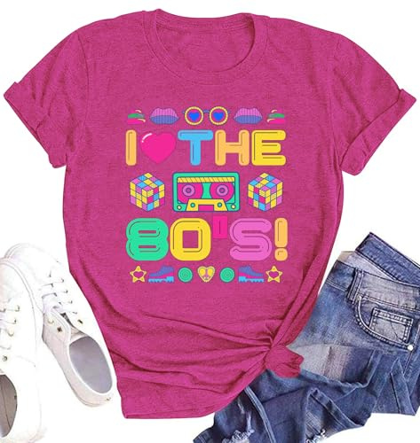 SUWATOIN 80s T Shirts Women I Love The 80s Shirt Short Sleeve Retro Fancy Dress Party Tees Pop Star Tops Pink