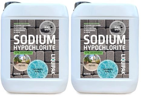 Sodium Hypochlorite 9.9% 2x5L - Powerful Patio Cleaner & Black Spot Remover | For Water Purification & Odour Removal | Outdoor Surface & Swimming Pool Treatment