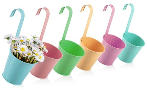 com-four® 6X Blumentopf zum Hängen für Balkon - Hängetopf in bunten Farben für Pflanzen und Kräuter - Pflanzübertopf mit Haken für Garten und Küche [Auswahl variiert] (06x Metalltopf - Mehrfarbig)