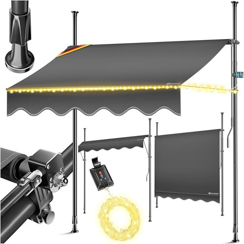 KESSER® Klemmmarkise mit Handkurbel & LED Lichterkette | Balkonmarkise ohne Bohren | Markise UV-beständig höhenverstellbar & wasserabweisend | Sonnenschutz für Balkon Terrasse & Garten 300cm