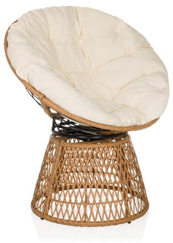 hjh LIVING Sillón Papasan con cojín, sillón Giratorio de Exterior WEAVORA sillón de ratán Giratorio 360° para jardín balcón salón, Beige