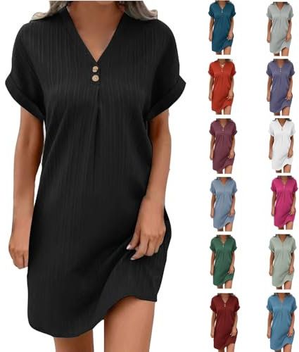 HAOLEI Robe Femme Ete Lin Coton Tunique Robe Manches Courtes Ample Casuel Couleur Unie Robes avec Boutons Col V Chic Elegant Robes De Plage Pas Cher Grandes Tailles Dress pour FêTe Vacances
