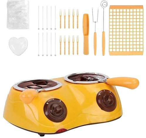 Melting Chocolate Pot, Double Pots Electric Chocolate Mini Fondue Set, Dipping Pot with DIY Mold Trays & Forks, Chocolate Marshmallow Warming Machine for Candy Cheese Home (EU Standard-Yellow)
