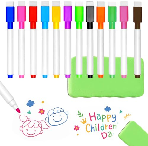 qijiefenCC Confezione da 12 pennarelli per lavagna bianca + 1 cancellino per lavagna bianca, penne magnetiche colorate per lavagna bianca, pennarelli a punta fine, per ufficio, scuola, casa, ecc.