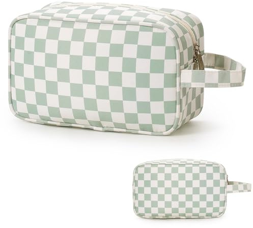 Narwey Kulturbeutel Herren Toilettenbeutel Reise Wasserdicht Robust Kosmetiktasche Schminktasche Mehrfachfächer Reise Essentials(Checker Mintgrünes)