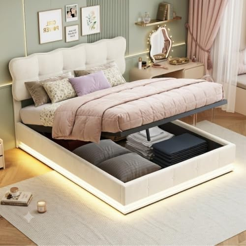JiaOyu Letto imbottito 140 x 190 cm, letto a LED con vano portaoggetti e rete a doghe, letto matrimoniale con testiera imbottita, letto per anziani, letto per ragazzi, letto per ragazze, idraulico