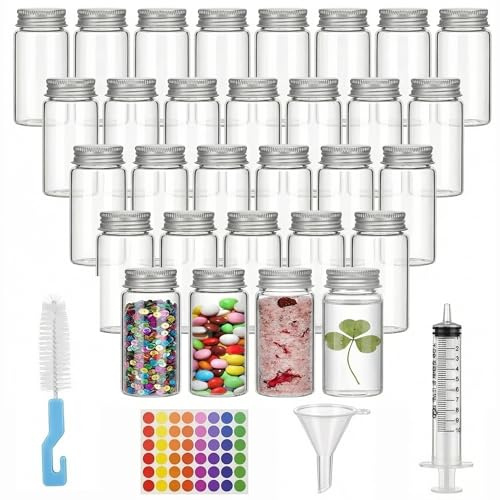 Ferenando 30 tubos de ensayo de vidrio con tapas, botella de vidrio de 30 ml con tapa de rosca, parte inferior plana, viales transparentes vacíos, tubos de ensayo pequeños para dulces, sal de baño