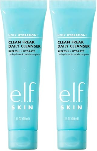 e.l.f. Skin Holy Hydration! Clean Freak Daily Cleanser Mini nettoyant doux et hydratant pour le visage à l'acide hyaluronique, végétalien et sans cruauté envers les animaux, 30 ml (Lot de 2)