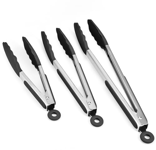 Doosu Silicone Kitchen Cooking Tong, 315℃ Heat Resistant, 3Pc, Black