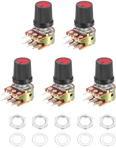 sourcing map 5Set WH148 B10K Ohm Potentiometer Kit, 6-Pin Split Shaft Rotary Linear Dual Taper Rotary Audio Potentiometer with Knob Nut Washer for Audio Volume Control, 15mm Shaft, Black/Red