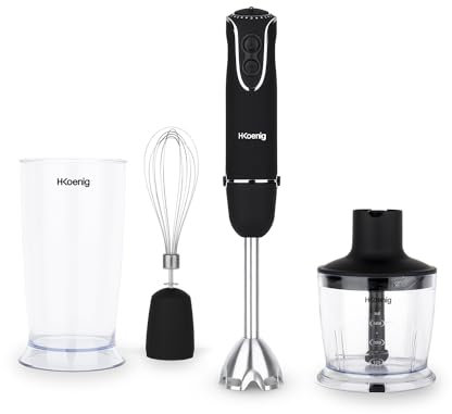 H.Koenig MIX75 Frullatore ad immersione 3 in 1, potenza 850W, funzione Turbo, 5 velocità, multifunzione, tritatutto, sbattitore, mixer, blender, ergonomico, acciaio inox, Nero