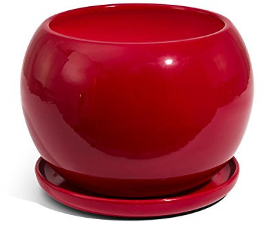Pot de Fleur ceramique Globe avec Soucoupe Support Hauteur 13 cm diametre 15 cm Rouge