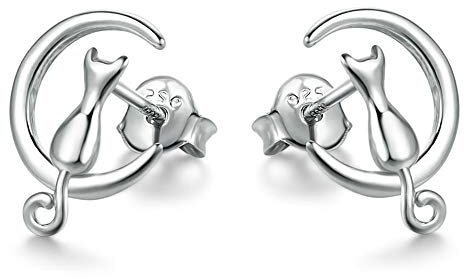 Epoch World Pendientes Mujer Plata de Ley 925, Pendientes Niña Plata | Pendientes Gatos Mujer, Pendientes Luna Plata, Hipoalergénico Pequeños Piercing