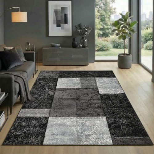 Carpetsale24 Teppich 120x170 cm Kurzflor Konturenschnitt in Schwarz Grau Weiß Kariertes Design, Extra Weich, Waschbar, Pflegeleicht Für Wohnzimmer, Schlafzimmer, Esszimmer