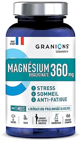 MAGNESIUM BISGLYCINATE 360 MG - GRANIONS - Magnesium Fort Dosage + Vitamine B6 - Anti Stress Adulte - Bisglycinate 360 MG - Stress Fatigue - 60 Comprimés - Fabriqué en France