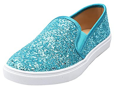 Feversole Women's Fashion Slip-On Trainer Casual Flat Loafers，Skater Pumps Trainers Sneakers Shoes Turq Glitter Size 6.5