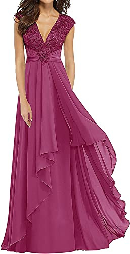 KURFACE Madre della sposa sposo abito lungo volant scollo a V senza maniche abiti da sera per gli ospiti di nozze per le donne, Fucsia, 42