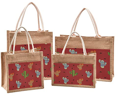 Mnsruu Aztec Cactus Plant Jute Tote Bags Women Grocery Shopping Bags with Handles for Outdoor Travel 9.8 x 9.8 x 7.1 inches
