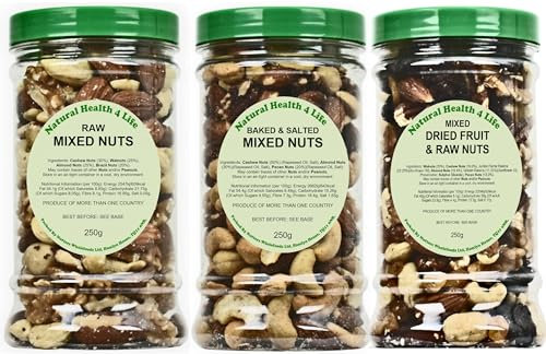 Natural Health 4 Life 3 Jar Set, Snack Nuts, Mixed Nuts, Salted Mixed Nuts, Fruit & Nut 750g (1 Set of 3 Gift jars)