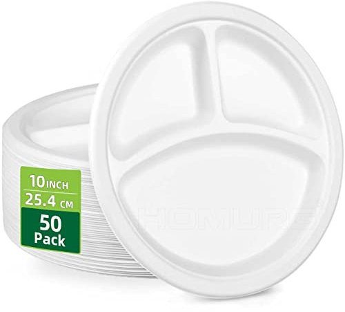 HOMURG Weiße Pappteller Ø26 cm 50 Stück, 100% Kompostierbarer Menüteller 3 Geteilt, Robust 3 Geteilte Teller für Mikrowelle, 10 Zoll Einwegteller und Geburtstagsteller und Partyteller für 50 Gäste