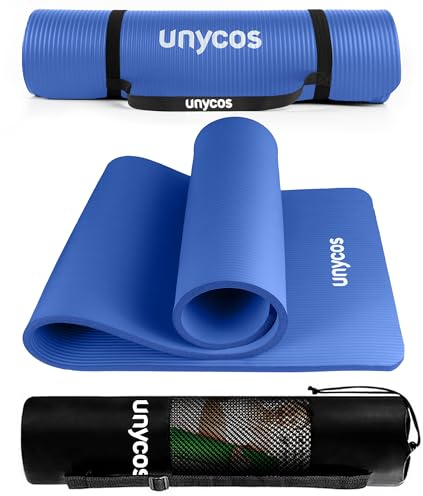 unycos - Esterilla de Deporte, Yoga, Pilates y Fitness, Gruesa (10 mm) Antideslizante【E-Book】Correa y Bolsa de Transporte, Colchoneta NBR para Gimnasio en Casa 183x60 cm | 72,04x23,62 (Azul)